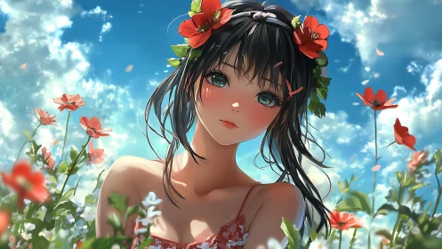 Anime floral portrait in luminous summer field composition.