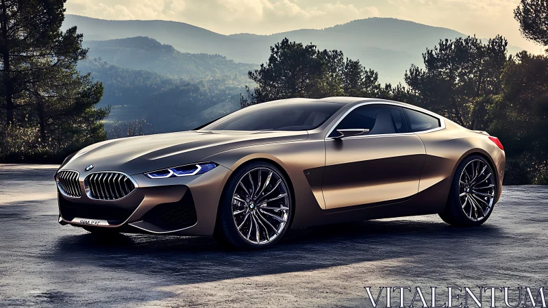 Concept coupe is parked on open asphalt in hilly landscape