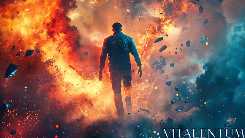 Solitary Figure Silhouetted Against Massive Pyrotechnic Explosion with Volumetric Lighting