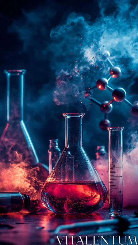 Luminous lab glassware frames vaporous reactive chemistry scene