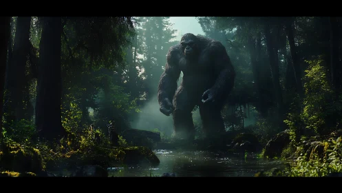 Colossal gorilla emerges through misted forest clearing at dawn