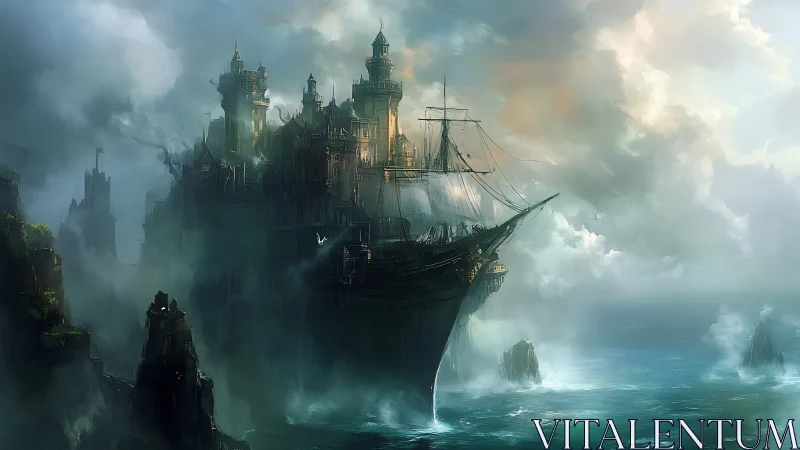 Steampunk Airship Castle Suspended Over Misty Ocean