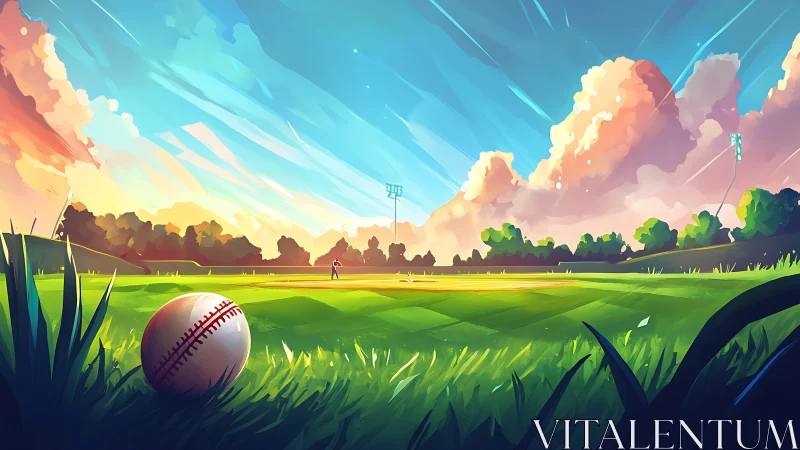 Digital illustration depicts baseball field under dynamic sky