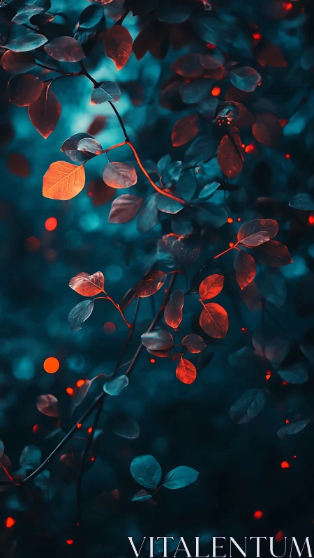 Glowing red leaves against deep teal forest background.