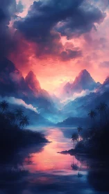 Radiant tropical fjord under volumetric sunset cloud canopy