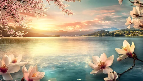 Spring blossoms framing tranquil mountain lake sunset.