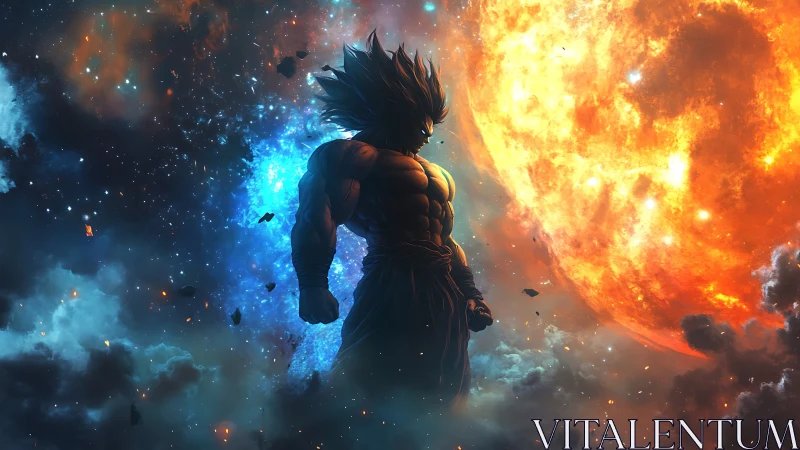 Cosmic warrior stands defiant between blazing sun and void