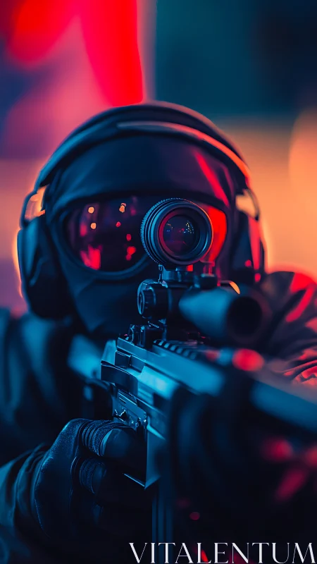 Tactical Operator in Neon Glow Aiming High-Powered Rifle