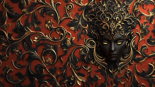 Baroque black mask with gilded foliage relief on red panel