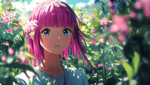 Pink haired anime girl standing among dense garden flowers.
