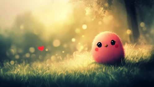 Soft Pink Creature in Glowing Meadow With Floating Heart