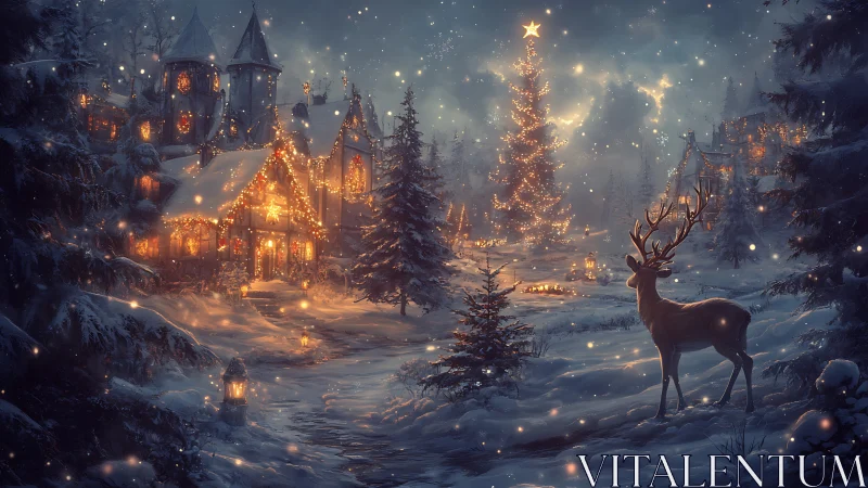 Digital painting of a luminous winter village with reindeer focus.