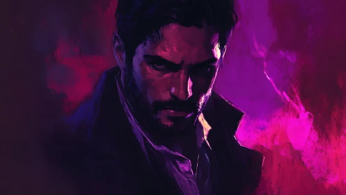 Digital painting portrait with neon chiaroscuro and noir tension.