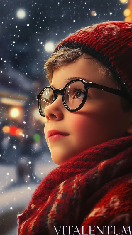 Snowlit daydreamer in red scarf chasing winter wishes.