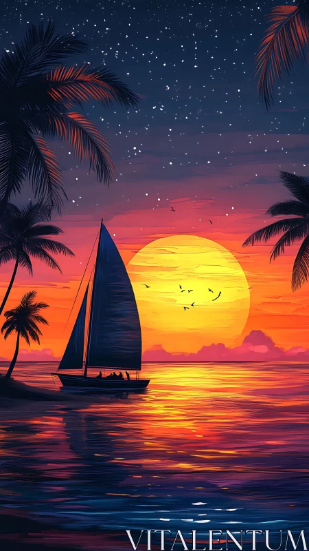 Sailing vessel crosses tropical water before stylized sunset