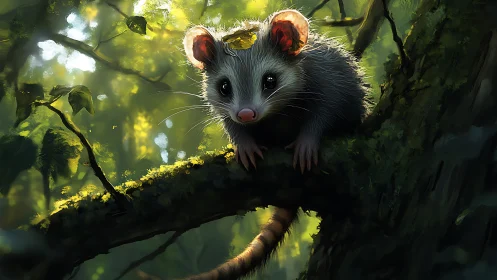 Curious forest mouse poised on mossy branch at sunrise.