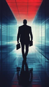 Silhouetted Executive Navigates Luminous Corporate Corridor.