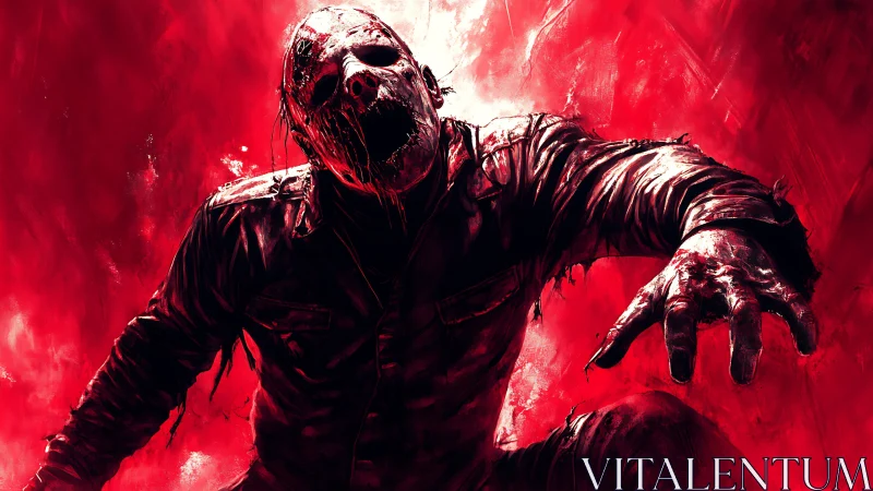 Decomposed humanoid figure reaching forward in red field.