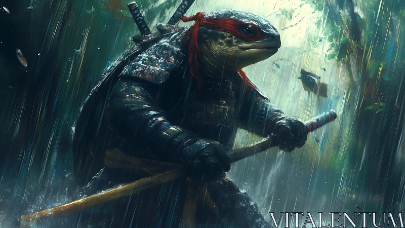Anthropomorphic turtle warrior in rain-drenched armor.
