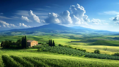 Sunlit Tuscan farmhouse anchors panoramic agrarian valley view