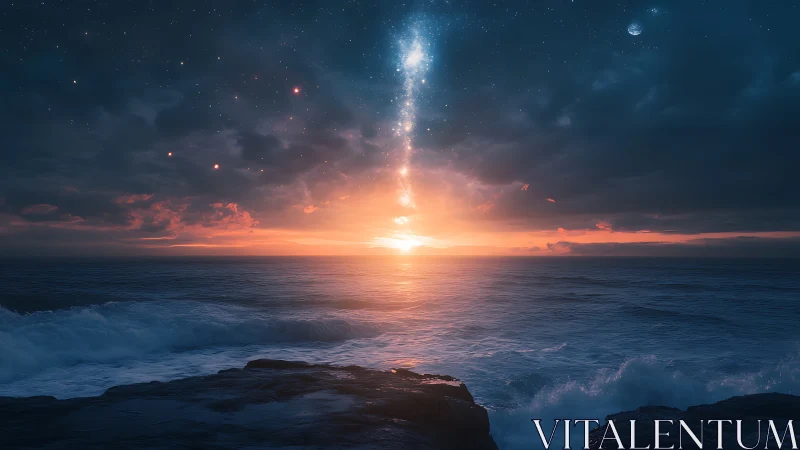 Ocean horizon sunset aligned with vertical starry light column