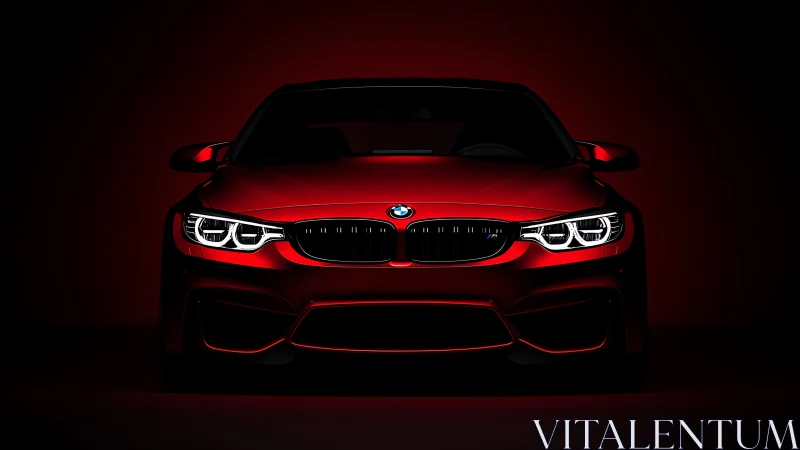 Red BMW coupe front view in dark studio lighting.