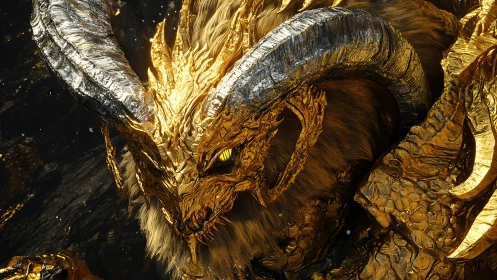 Golden horned dragon resting in molten treasure light.