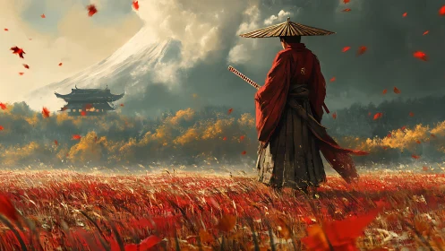 Lone samurai in red field before temple and mountain peak.