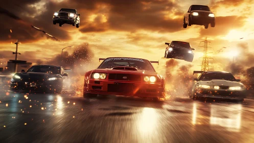 Aerodynamic drift convoy under incendiary sunset sky.