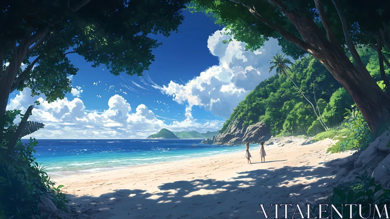 Tropical Beach Paradise Framed by Ancient Trees and Mountains