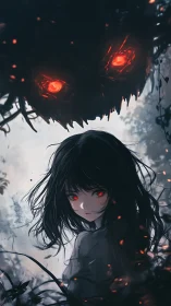 Haunted forest girl with red eyes under looming shadow entity