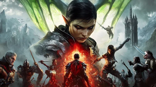 Winged horned sorceress over fantasy battlefield confrontation.