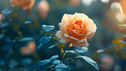 Soft Focus Peach Rose in Golden Light Against Teal Garden.