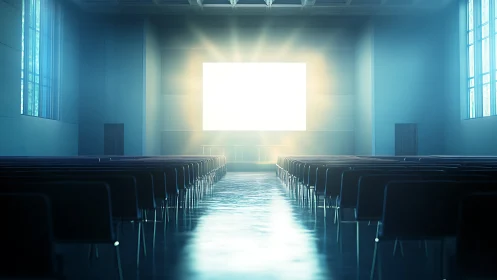 Empty conference hall with glowing projection screen center