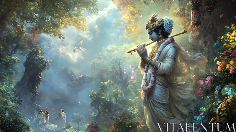 Divine blue-skinned figure playing flute in lush forest scene.