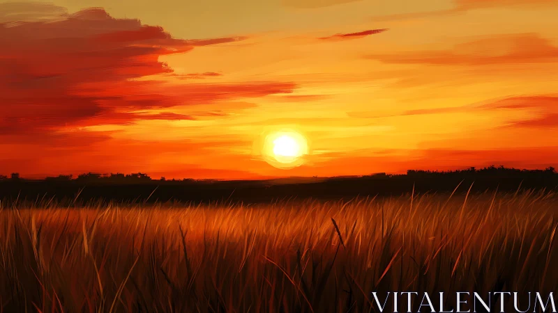 Sunset over golden field under deep orange sky.