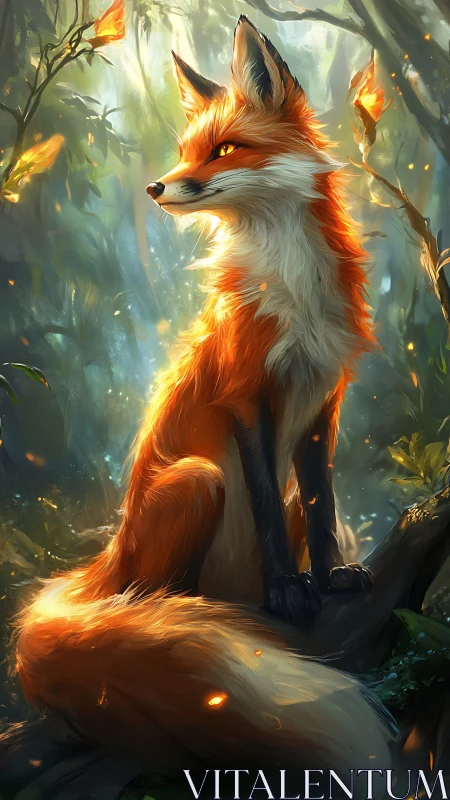 Luminous fox portrait in enchanted forest backlight glow.