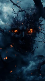Volumetric fog reveals fiery demonic skull fused with charred roots