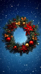 Photorealistic Christmas wreath with ornaments on blue field.