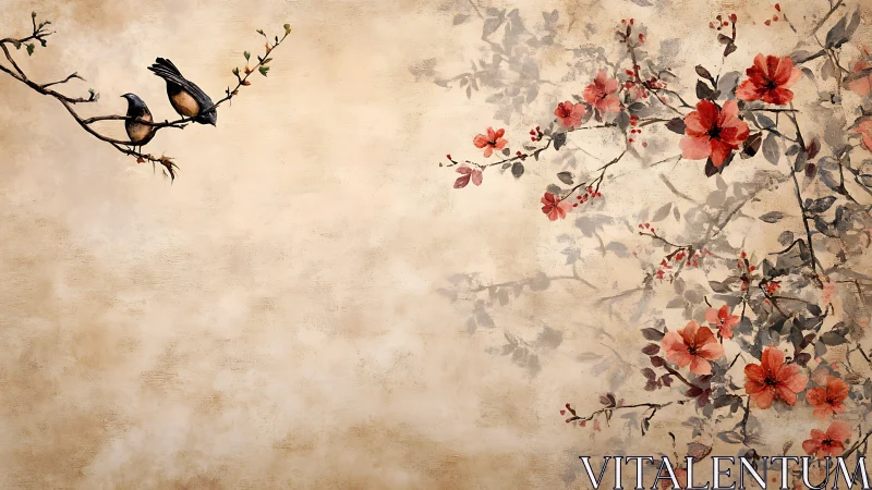 Songbirds on branch with red blossoms in vintage wash.