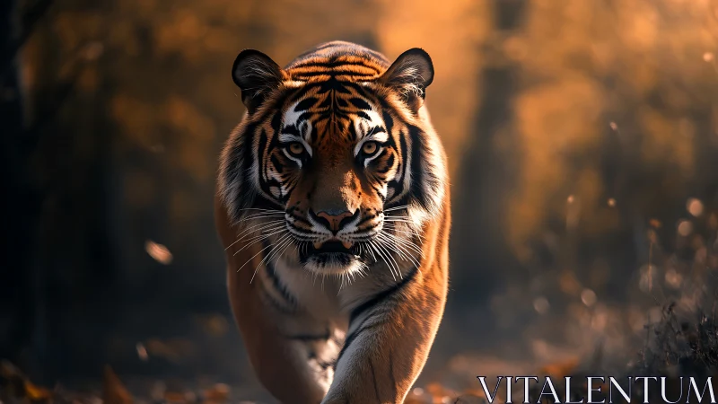 Tiger striding through golden bokeh forest with warm rim light.