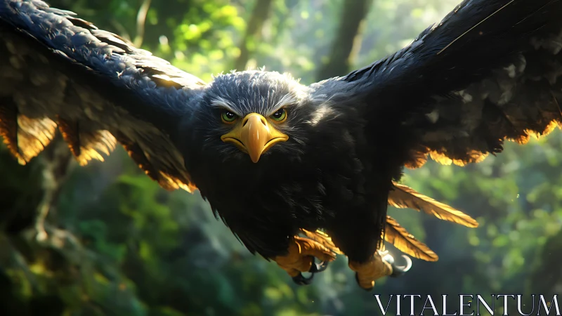 Majestic eagle in flight through sunlit forest, hyper-realistic style.