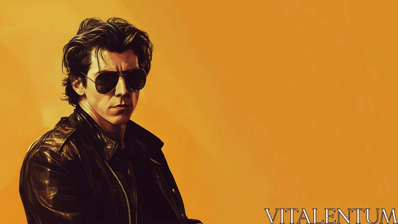 Man in sunglasses and leather jacket on flat orange field.