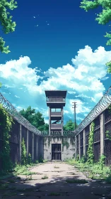 Abandoned barbed wire prison yard under bright cumulus sky