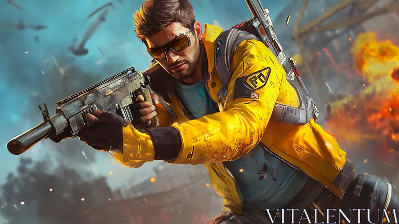 Cyber shooter hero in yellow tactical jacket mid-battle scene.