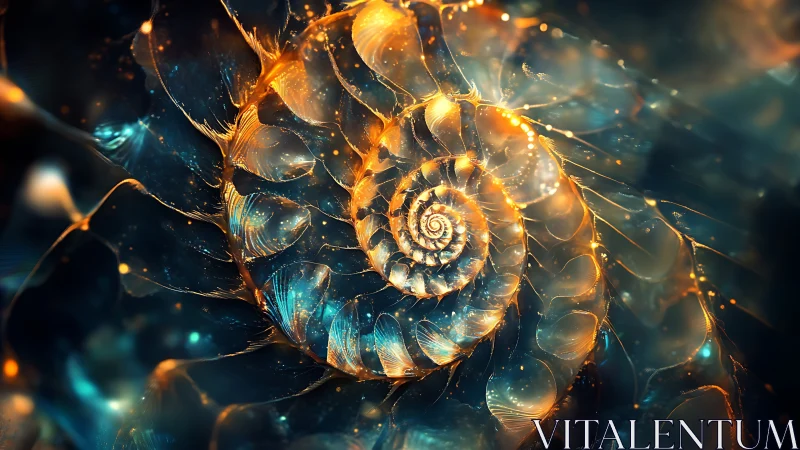 Celestial spiral shell ignites with molten cosmic light.