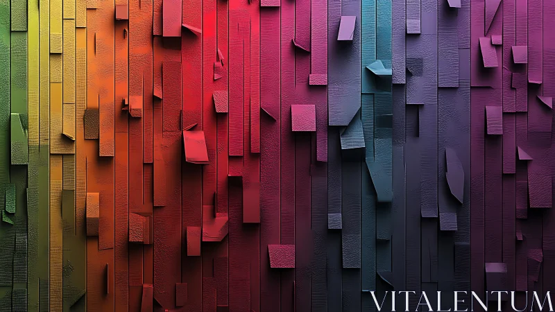 Layered rainbow panels form sculpted textured gradient wall.