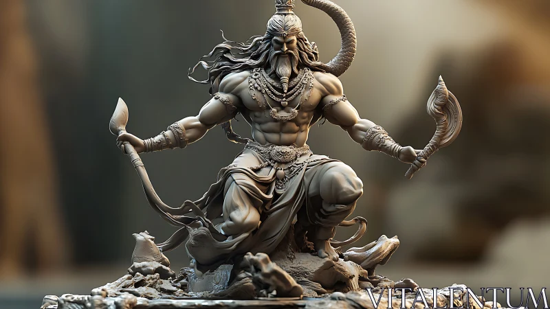 Mythic warrior deity rendered as dynamic 3D sculpture.