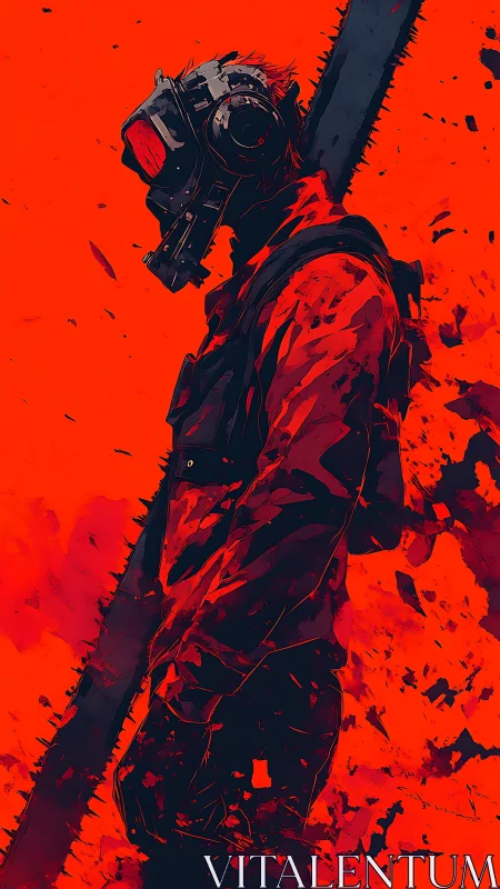 Chainsaw wanderer framed in wild crimson energy.