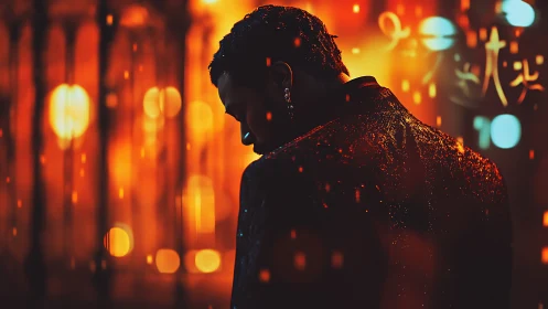 Moody silhouette walks through neon-lit city rain at night.
